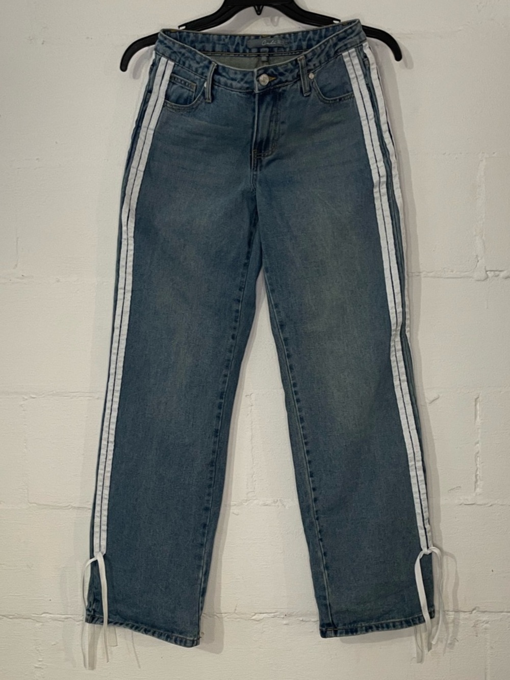 Dark Blue Straight-Leg Jeans with White Side Stripes